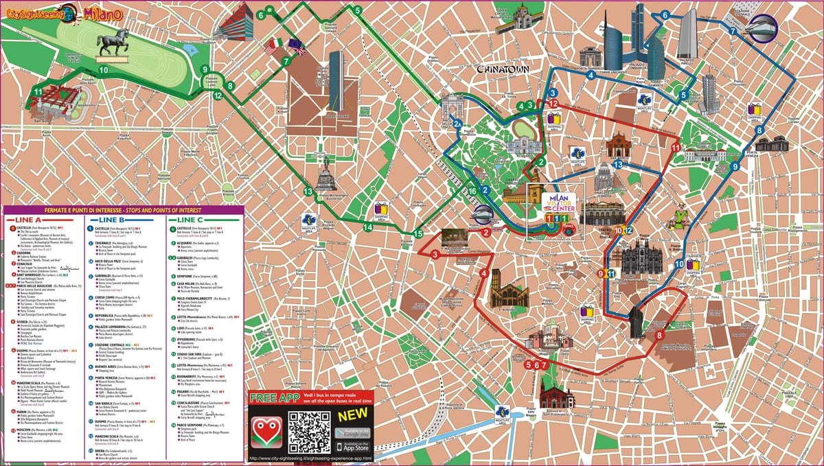 milan hop trên xe buýt bản đồ du lịch